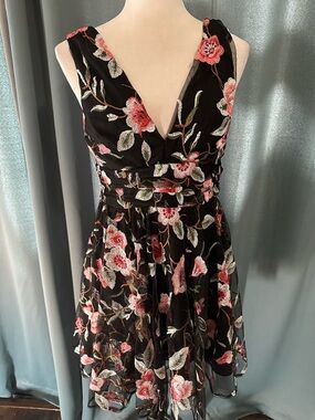 AQUA Luxe Black Embroidered Floral Mesh Dress Small V-Neck Fit & Flare